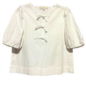 New Loft Poplin Front-Tie Peplum Blouse with Puffed-Sleeves Small